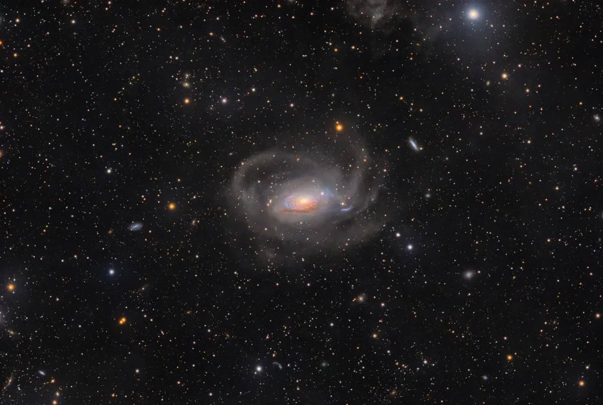 Image of a very dark starry sky with hundreds of stars in a range of sizes and colours including orange, blue and white. There are also some small oval smudges which are other galaxies. At the centre of the image is a spiral galaxy with a yellow core and some blue and purple spiral arms close to the core. Making a bigger arc around the main part of the galaxy are loose spiral dust arms. 